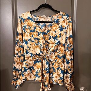 Tie-Front Floral Blouse in Teal and Cream